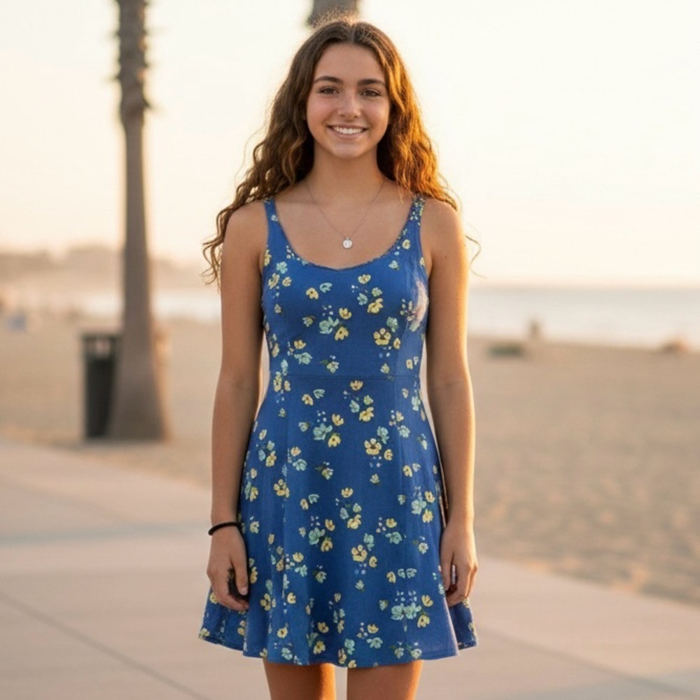 Hollister Blue and Yellow Floral Skater Dress